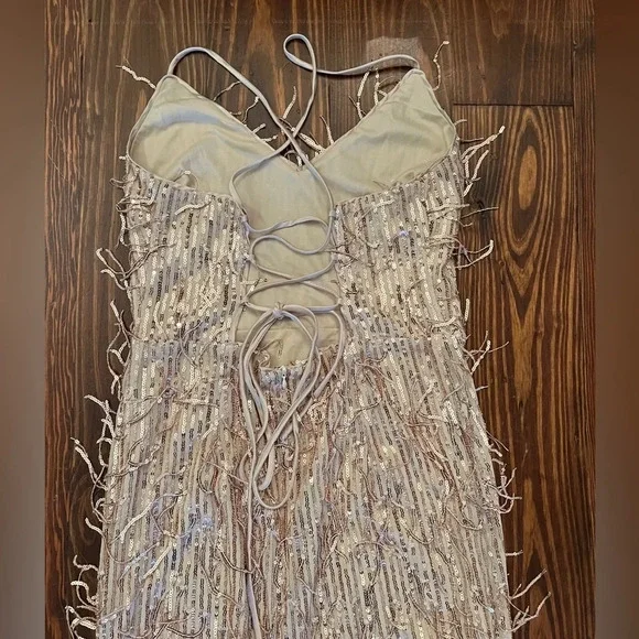 LULUS Endless Festivities Rose Gold Sequin Fringe Lace-Up Maxi Dress Formal Gown - Picture 10 of 13